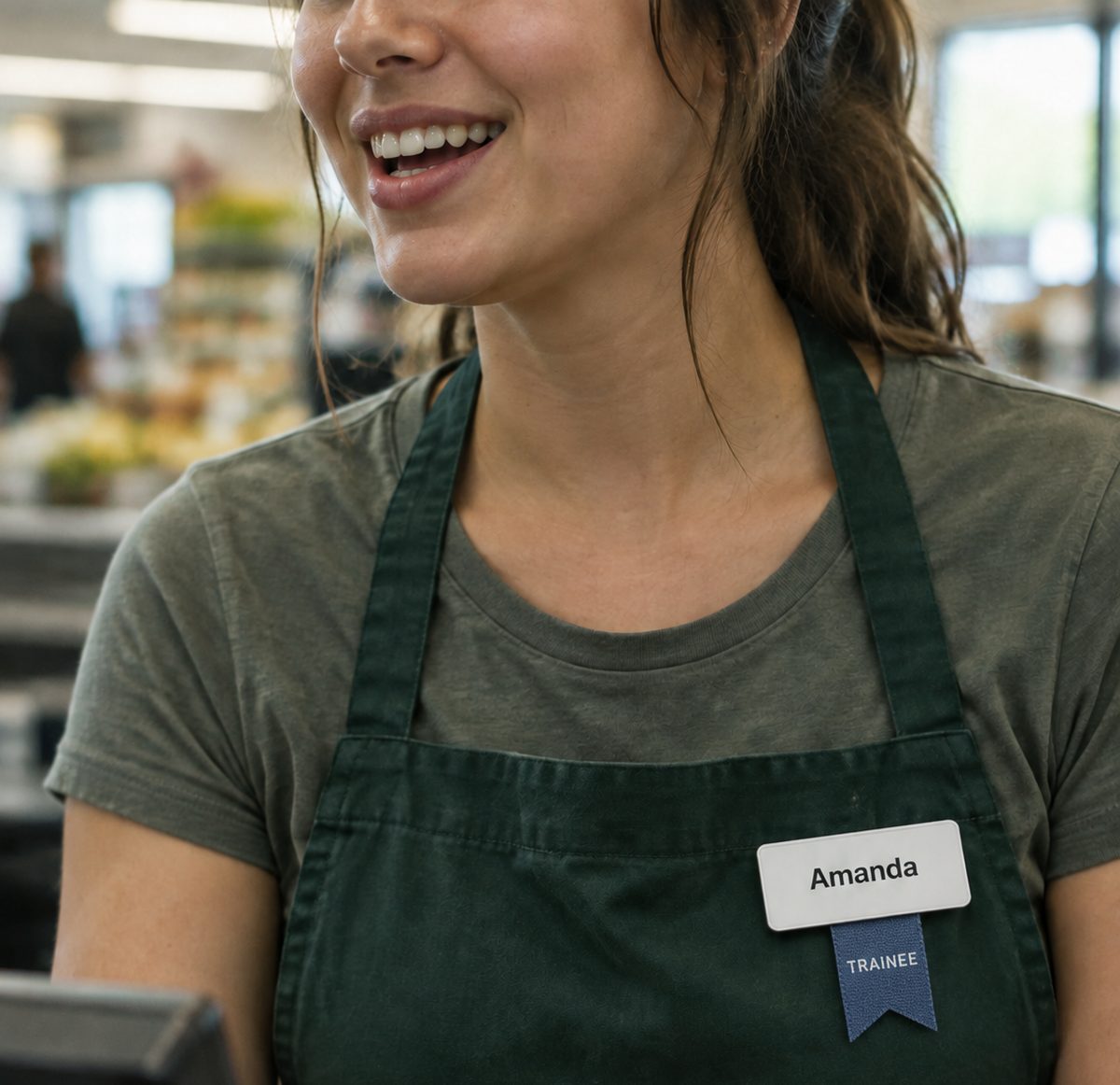 Amanda, a smiling new cashier in a green apron, talks with a customer. Her name tag carries a small ribbon that reads Trainee.